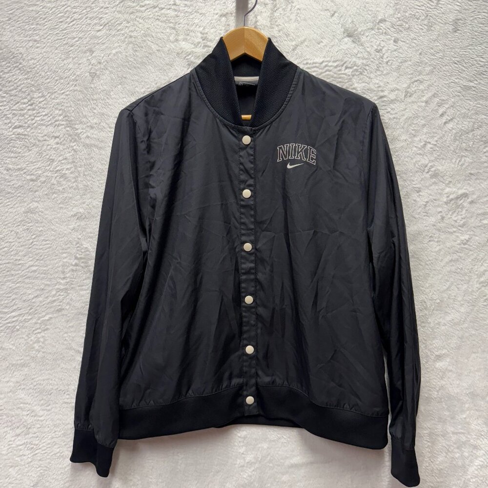 Nike Sportswear Varsity Jacket Women XL Black Stretch Swoosh Nylon Snap Button